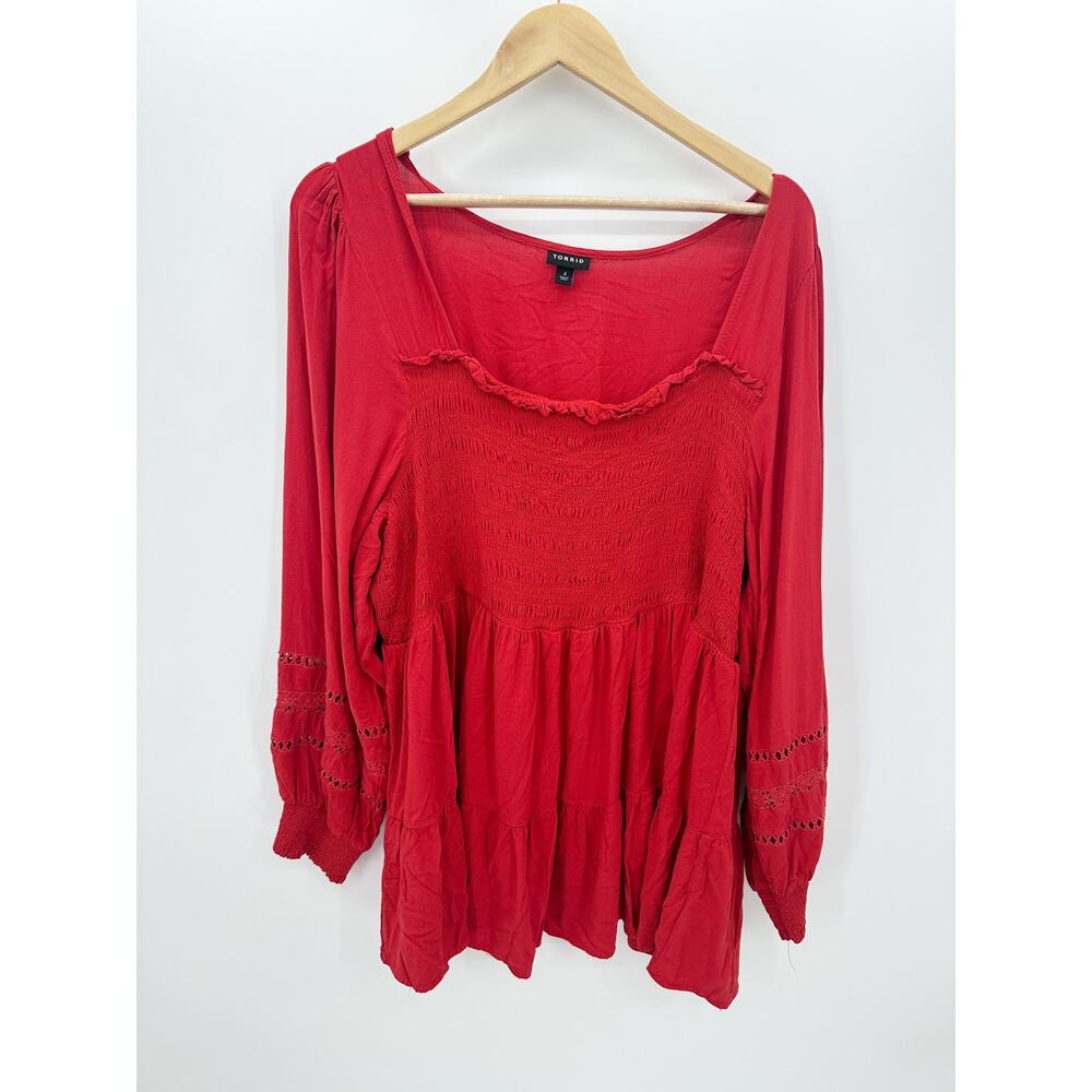 Torrid Red Babydoll Rayon Slub With Lace Inset Smocked Tiered Top Women 4X